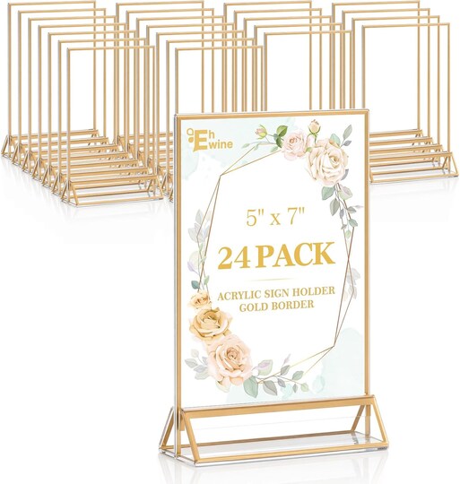 5x7 Acrylic Sign Holder Set of 24, Double-Sided Gold Picture Frame Display Stands, Clear Tabletop Menu & Flyer Holders, Vertical Desktop Sign Stand for Wedding, Event, Office & Retail Use